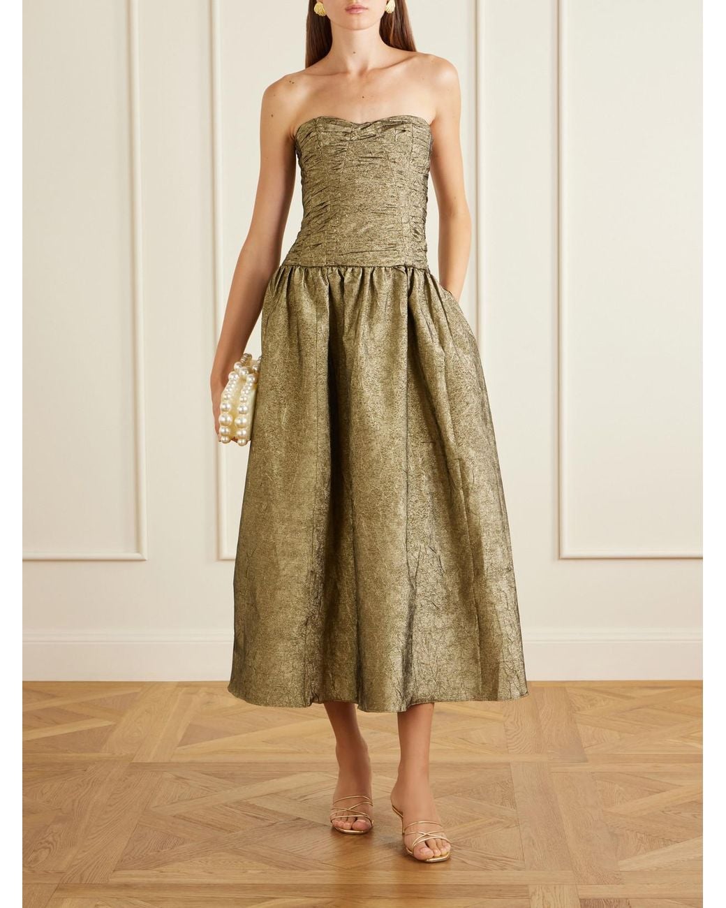 Ulla Johnson Natural Lumina Strapless Gathered Crinkled Taffeta Midi Dress