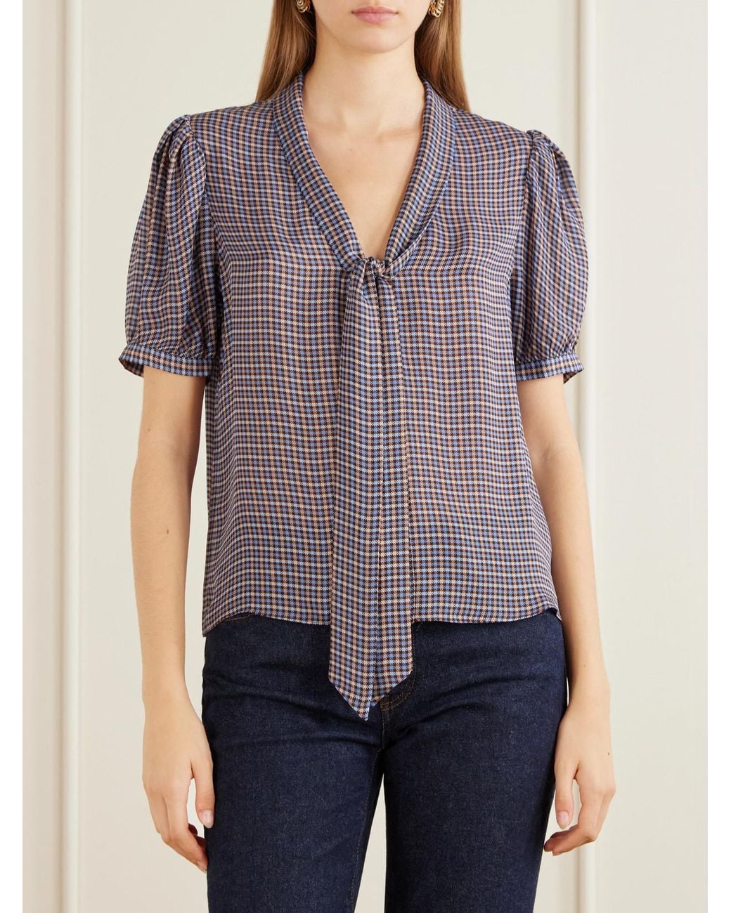 FRAME Purple The Sonnet Checked Silk Blouse