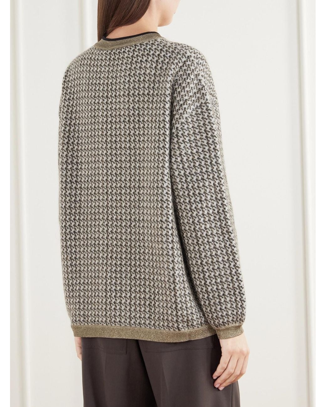 Brunello Cucinelli Gray Rib-Trimmed Houndstooth Knitted Cardigan