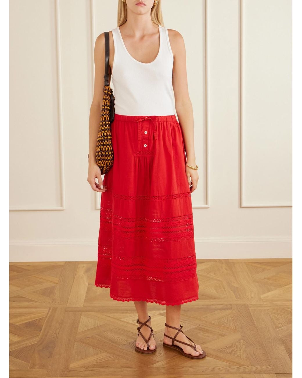 Sea Red Pippa Lace-Trimmed Cotton Midi Skirt
