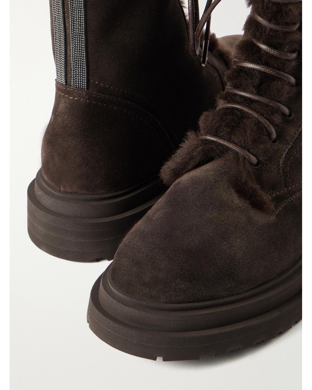 Brunello Cucinelli Black Bead-Embellished Shearling-Lined Suede Ankle Boots