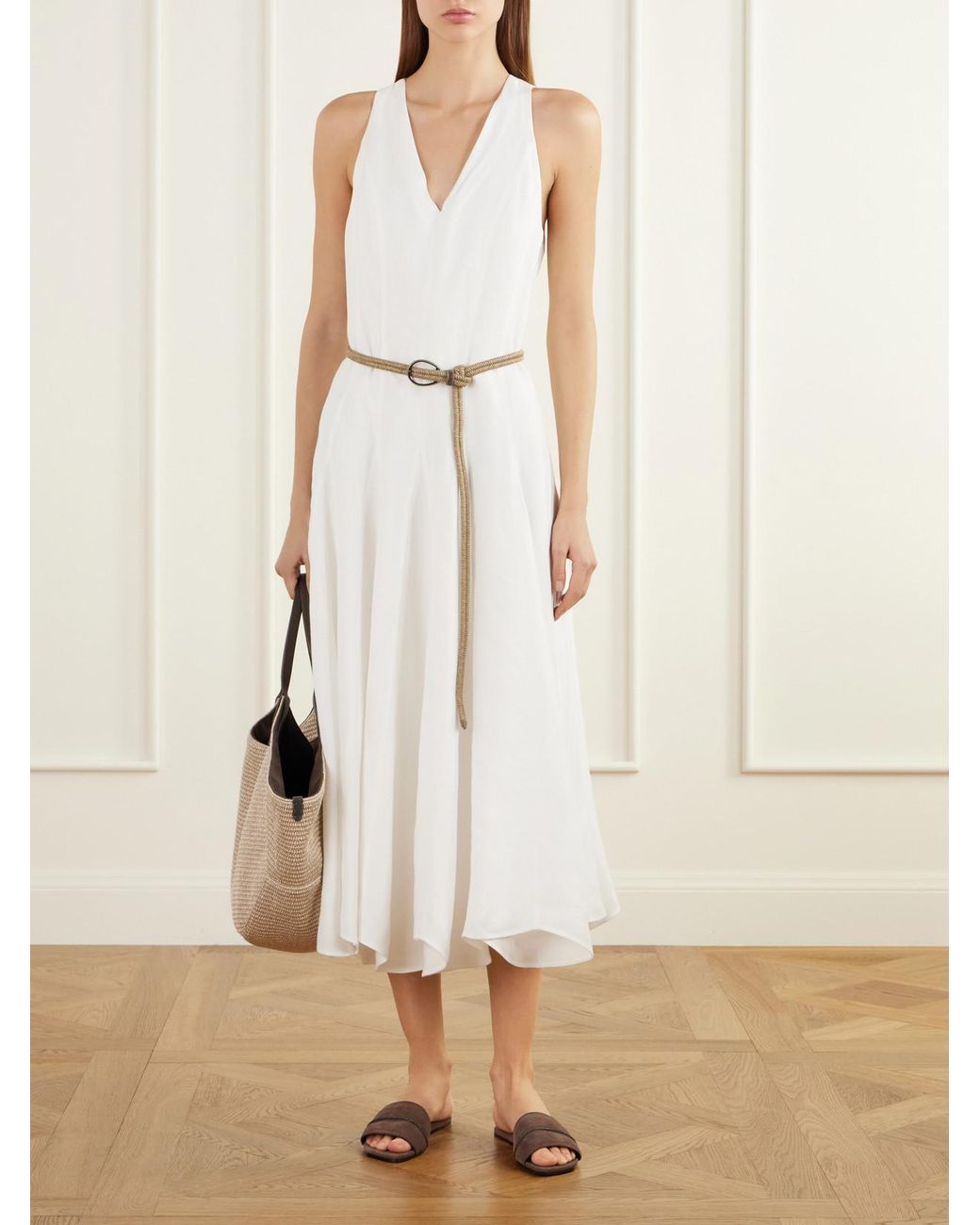 Brunello Cucinelli White Monilli-Embellished Suede Slides
