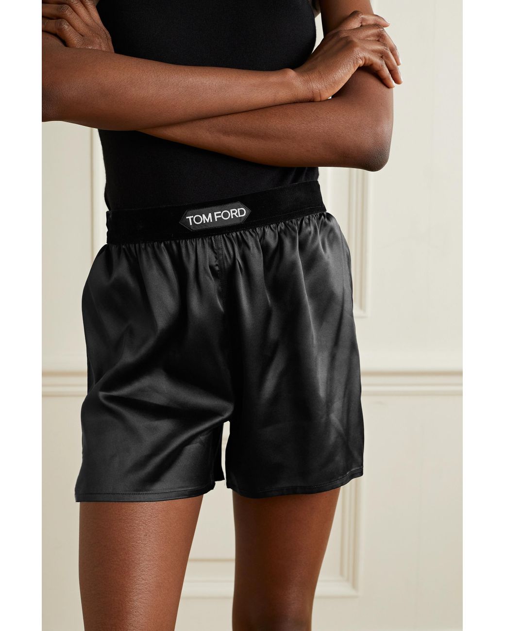 Tom Ford Velvet-trimmed Silk-blend Satin Shorts in Black | Lyst