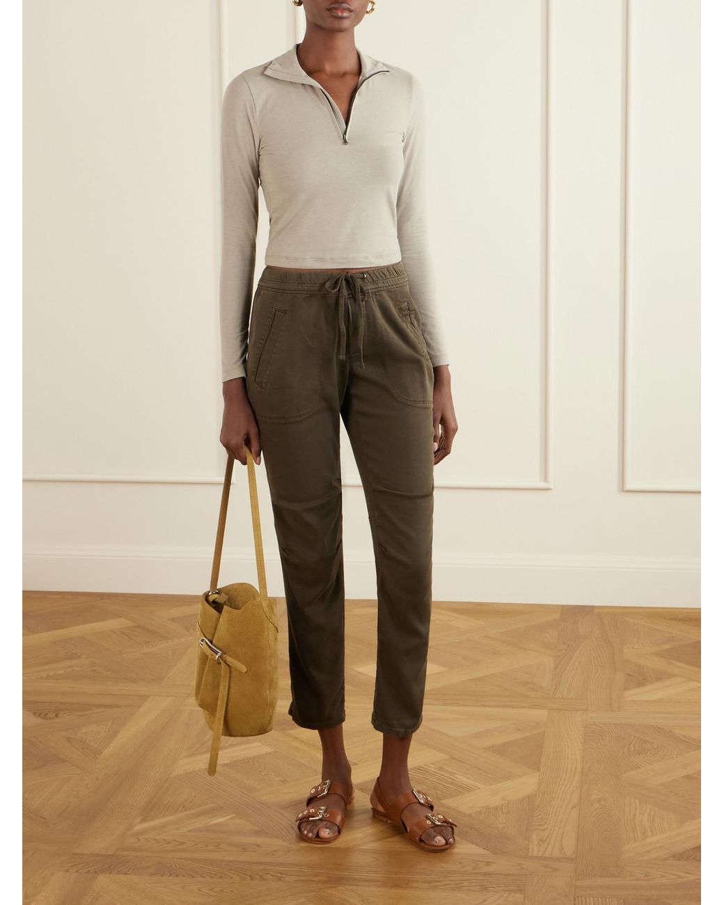 James Perse White Cropped Cotton-Blend Half-Zip Top