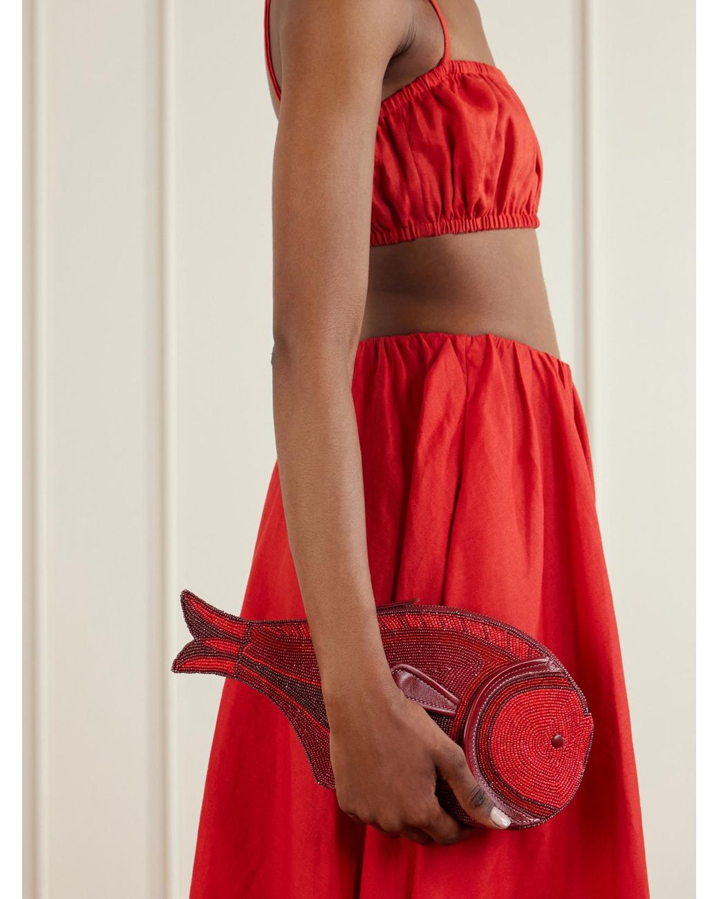 Staud Red Pesce Beaded Leather Clutch