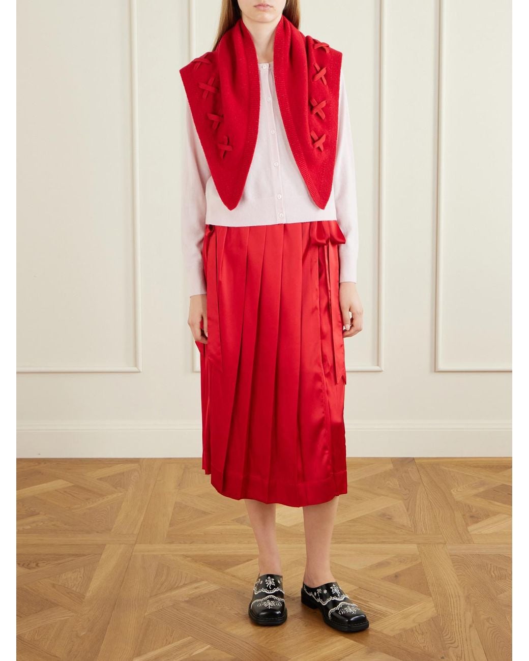 Simone Rocha Red Pleated Sheer Satin Midi Skirt