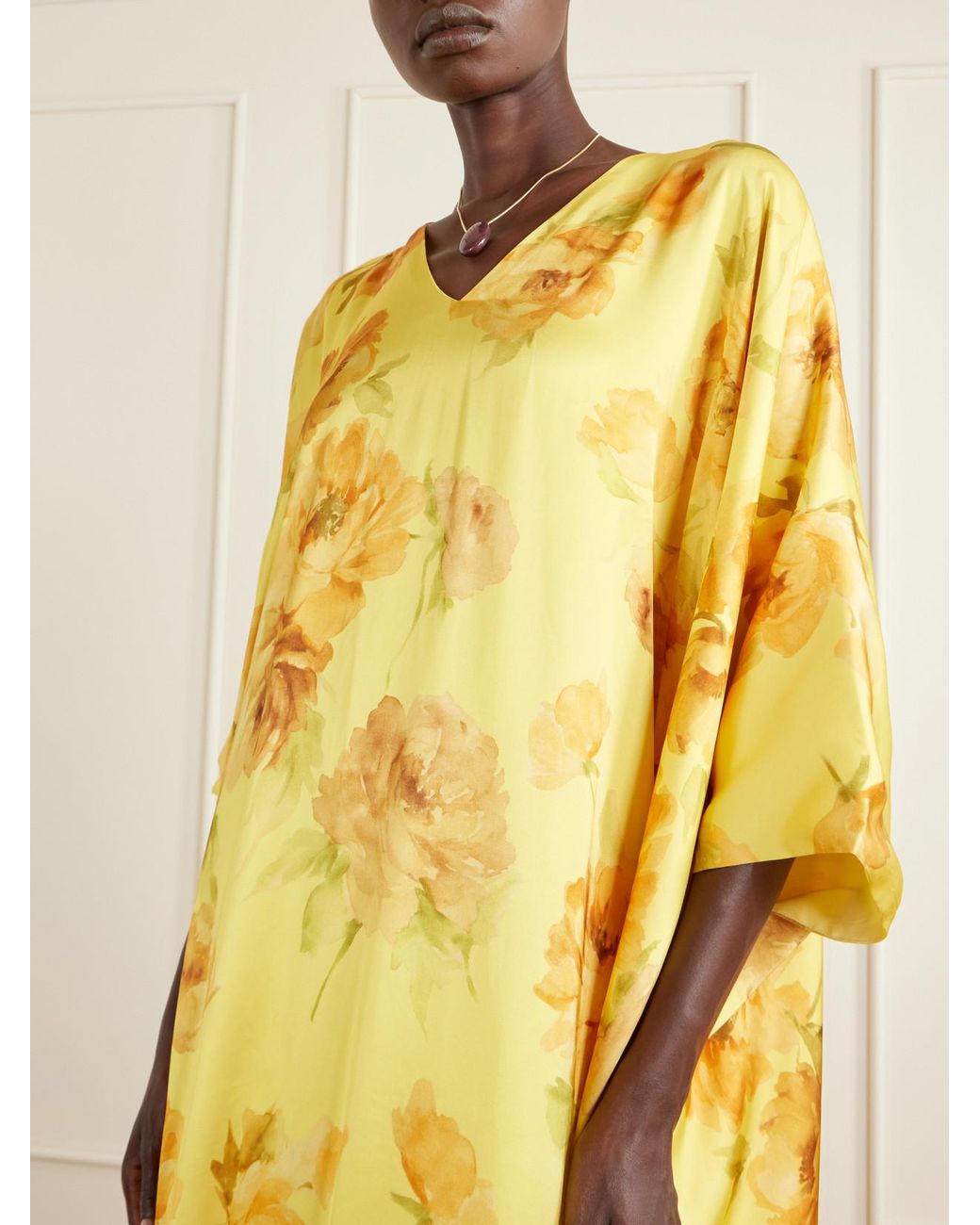 Dima Ayad Yellow Floral-Print Satin Gown