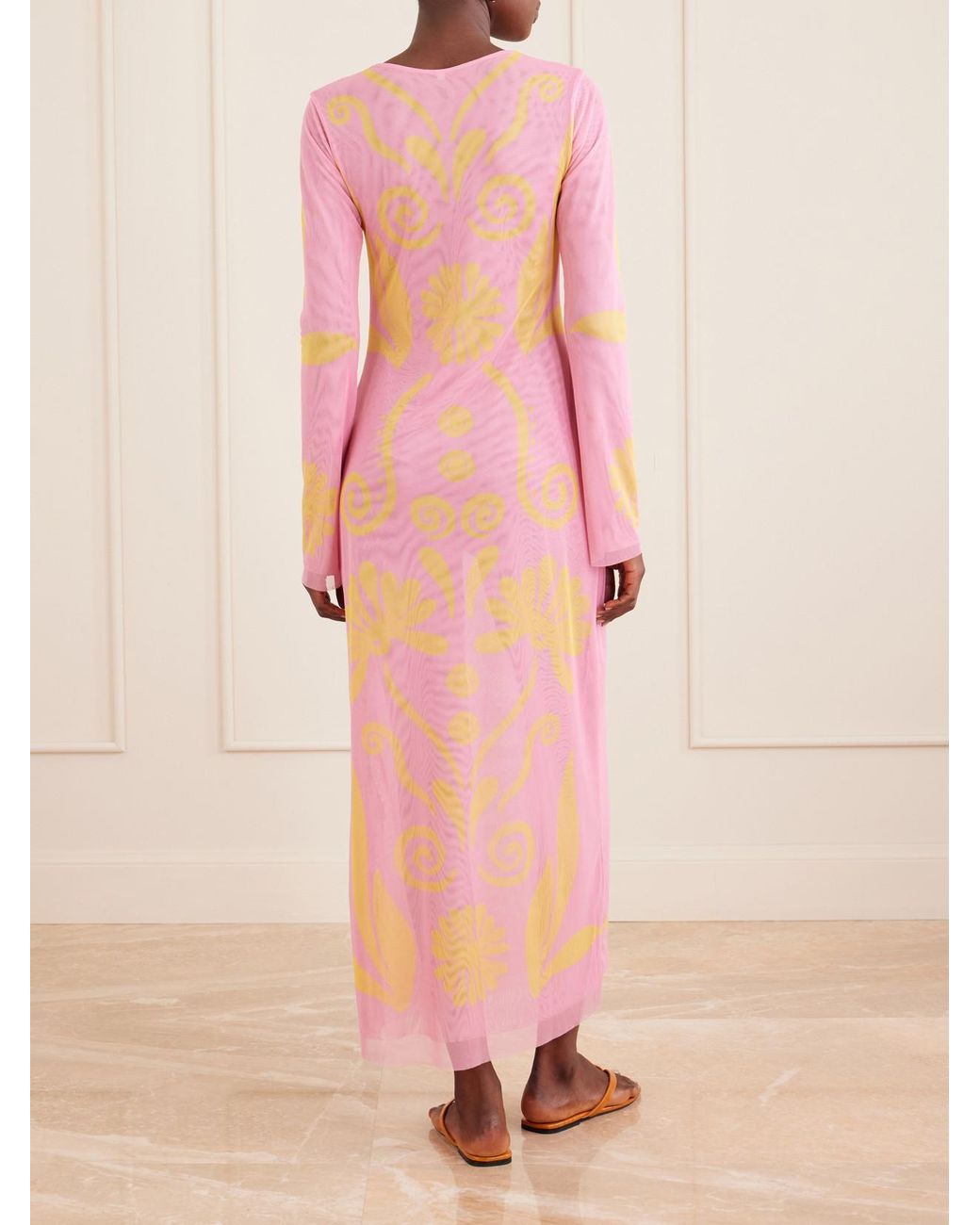 Cala De La Cruz Pink Tania Printed Mesh Maxi Dress