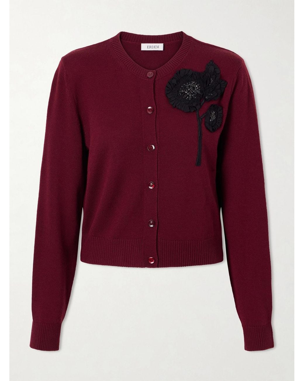 Erdem Red Embellished Ribbed Merino Wool Cardigan