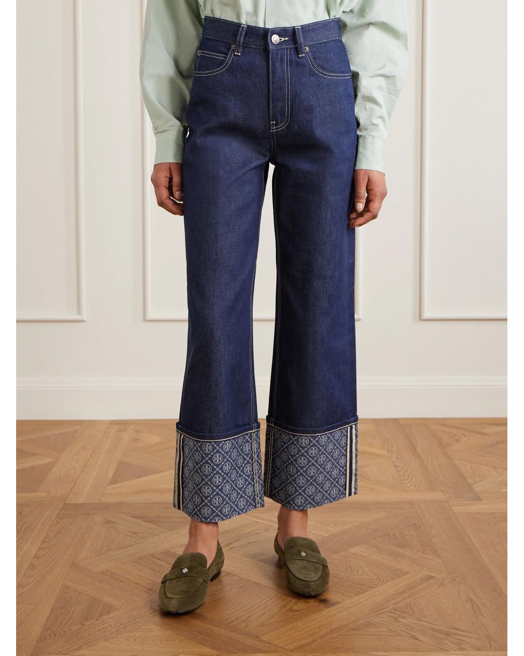 Tory Burch Blue Printed High-Rise Straight-Leg Jeans