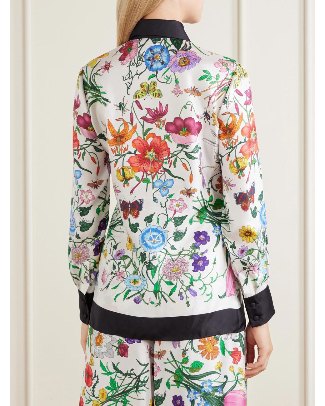 Gucci White Floral Place Printed Silk-Twill Blouse