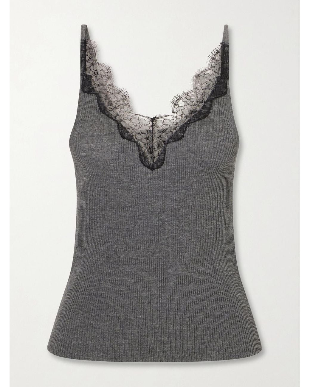 Nili Lotan Gray Aronia Lace-Trimmed Ribbed Silk-Jersey Tank