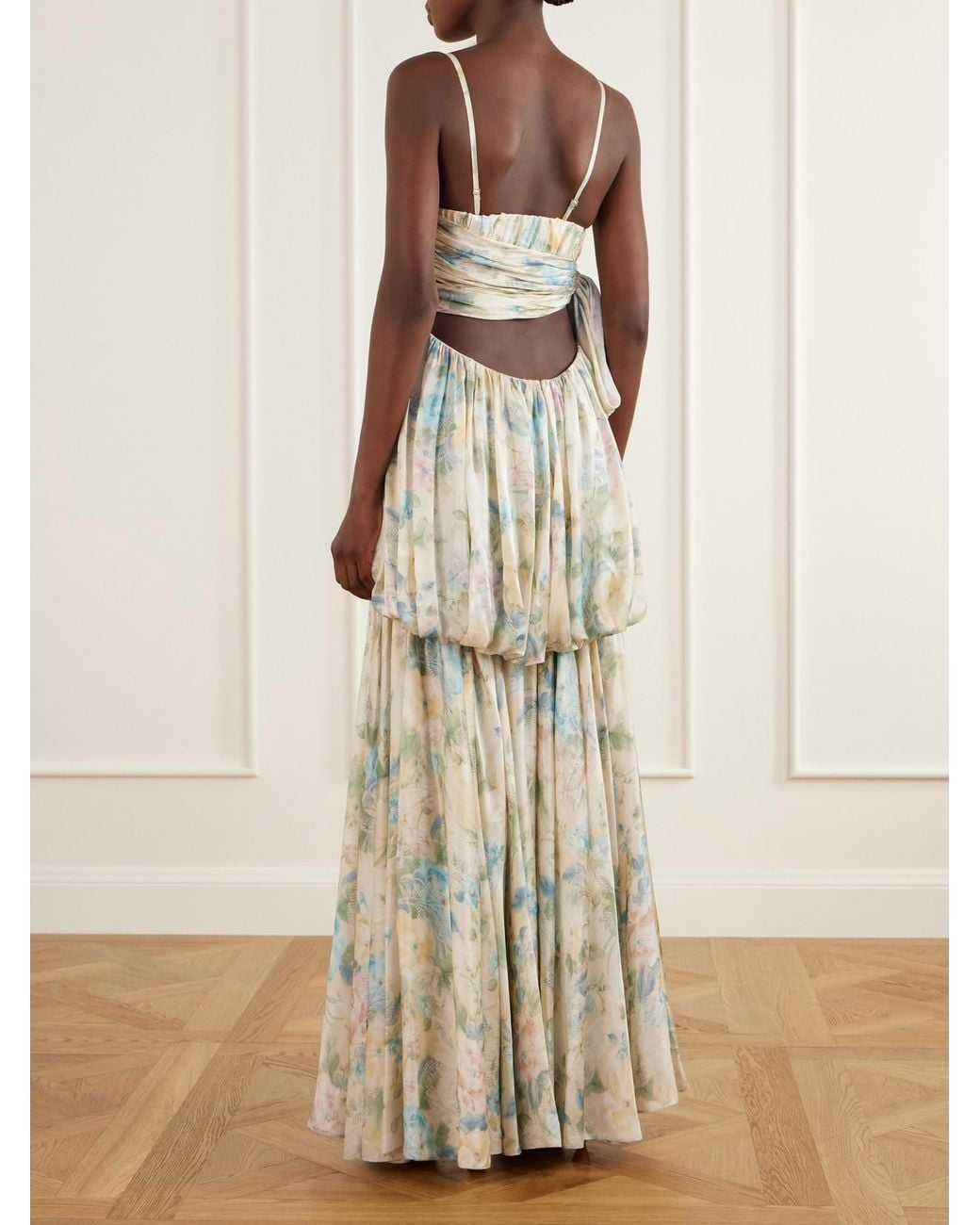Zimmermann White Clash Billow Cut-Out Floral-Print Silk-Satin Maxi Dress