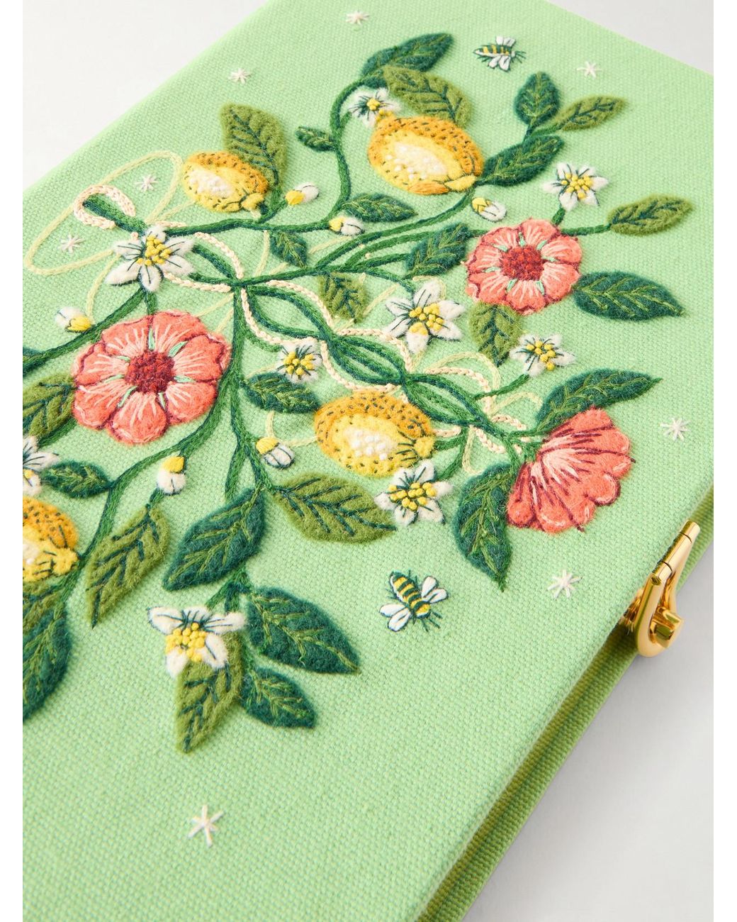 Olympia Le-Tan Green Botanical Chic Appliquéd Embroidered Canvas Clutch