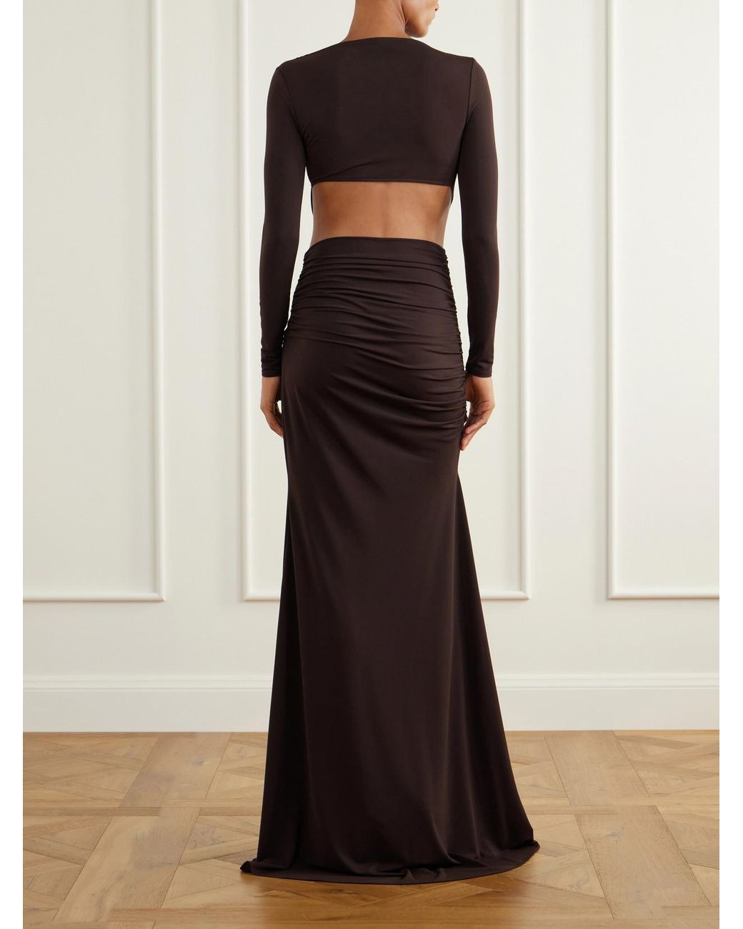 Alex Perry Brown Cut-Out Gathered Crepe Gown