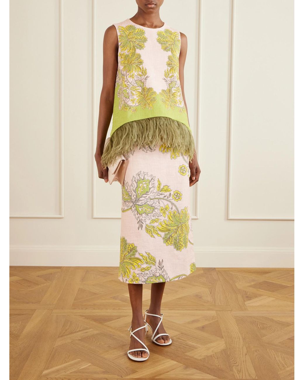 LaDoubleJ Yellow La Scala Printed Feather-Trimmed Cotton-Blend Top