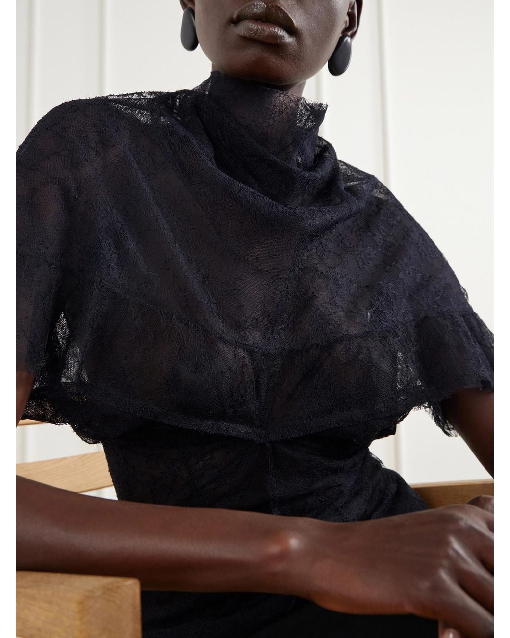 Colleen Allen Black Draped Ruffled Lace Blouse