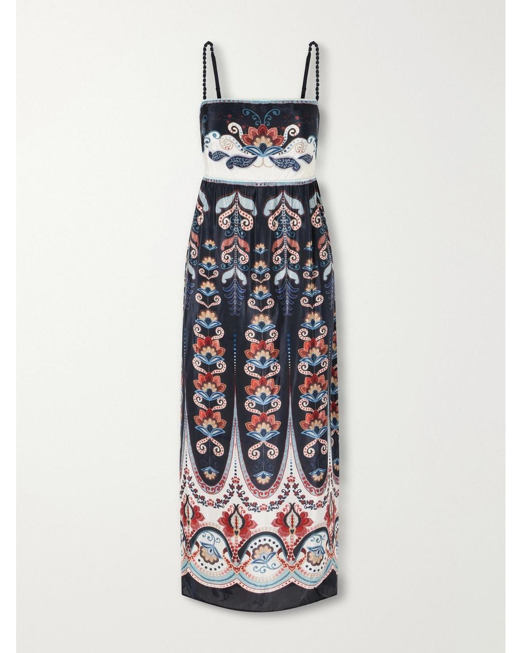 Farm Rio White Nikita Winter Bead-Embellished Printed Charmeuse Midi Dress