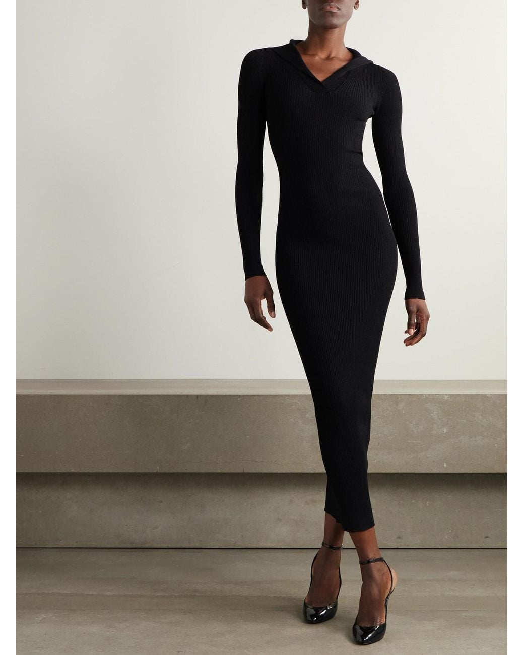 Alaïa Black Hooded Ribbed-Knit Midi Dress