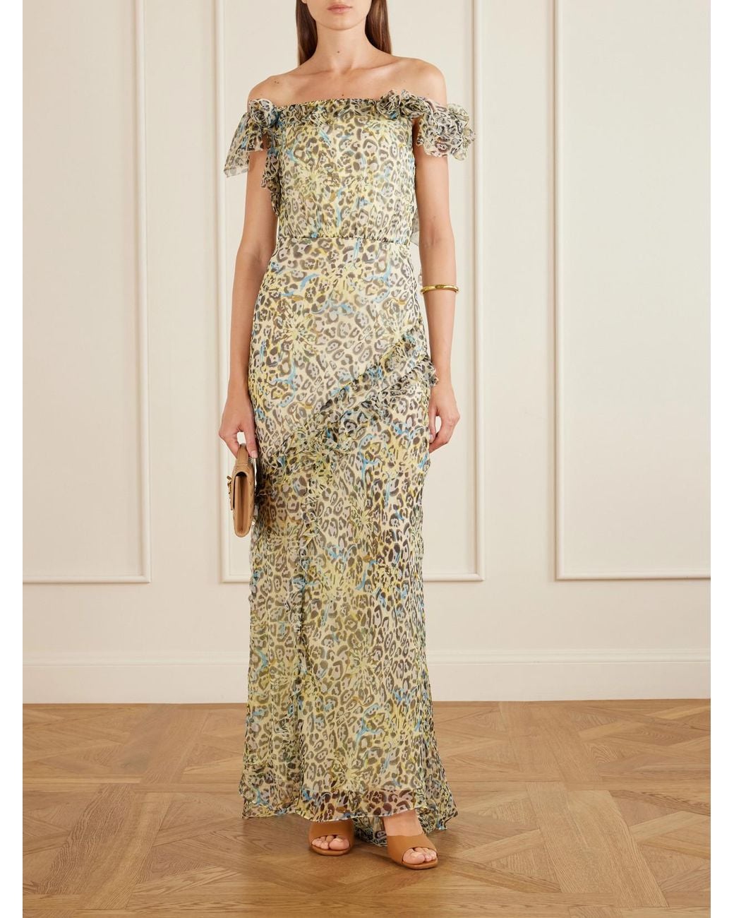Saloni Green Nina Off-The-Shoulder Ruffled Printed Silk Gown