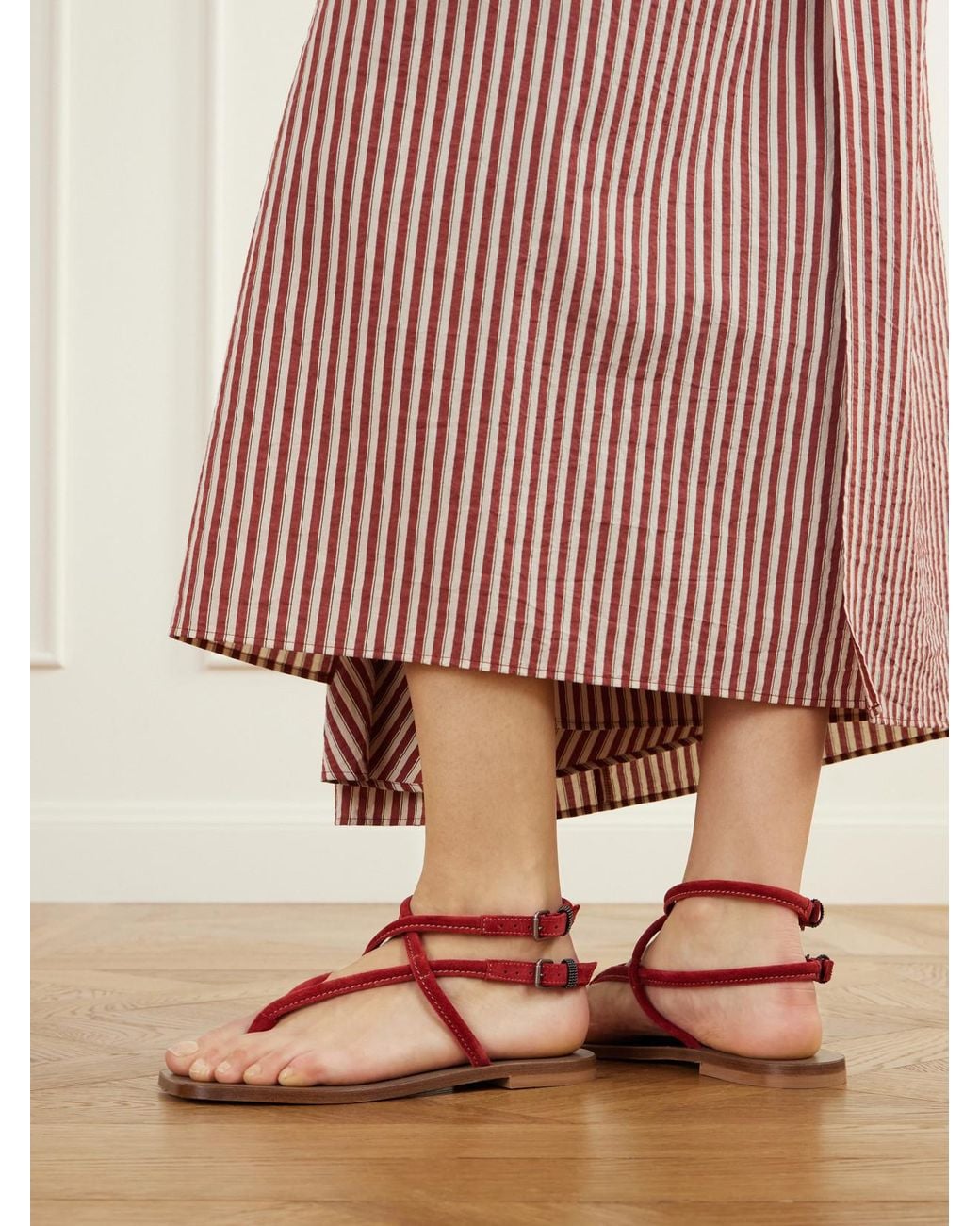 Brunello Cucinelli Red Suede Thong Sandals