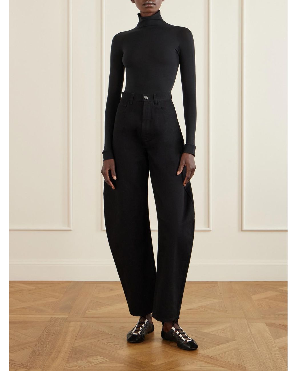 Alaïa Black Suede-Trimmed Leather Ballet Flats