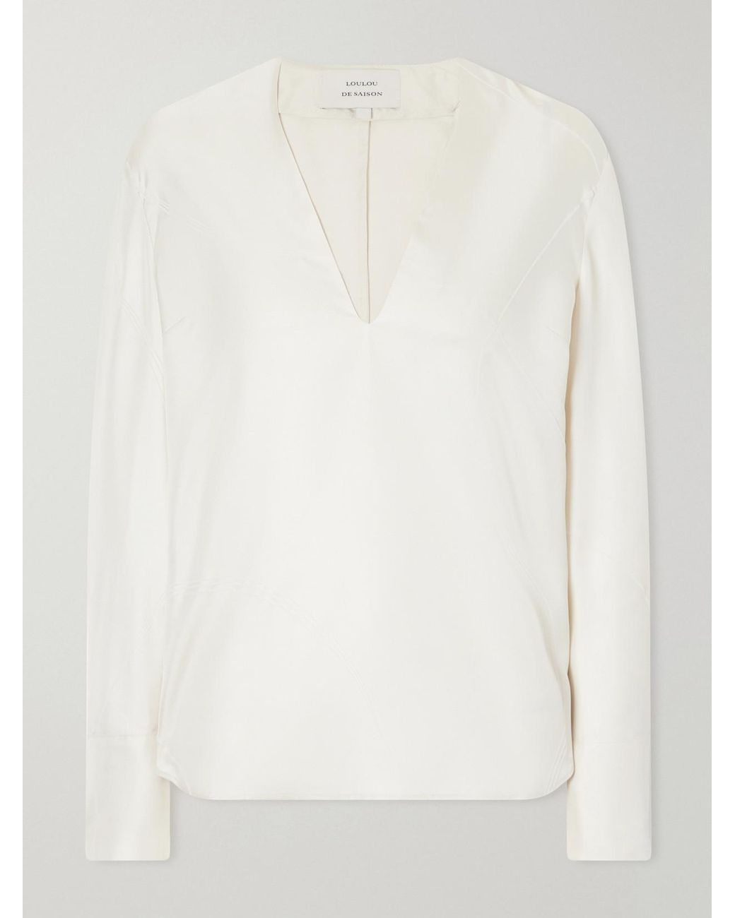 Loulou de Saison White Syla Velvet-Trimmed Silk-Blend Twill Blouse