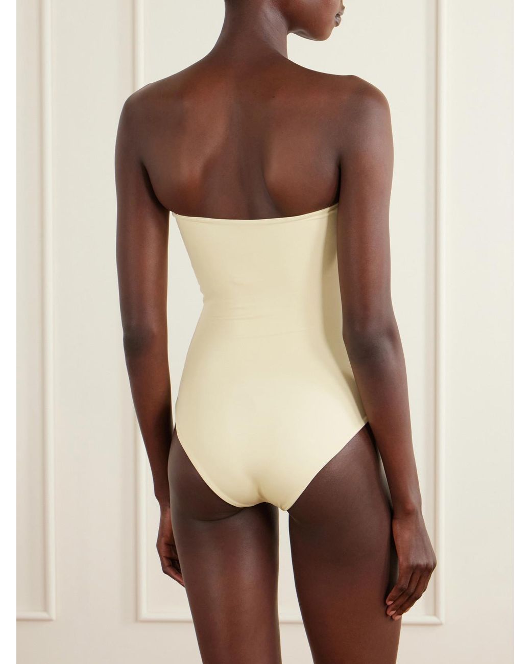 Johanna Ortiz Natural Palm Appliquéd Strapless Swimsuit