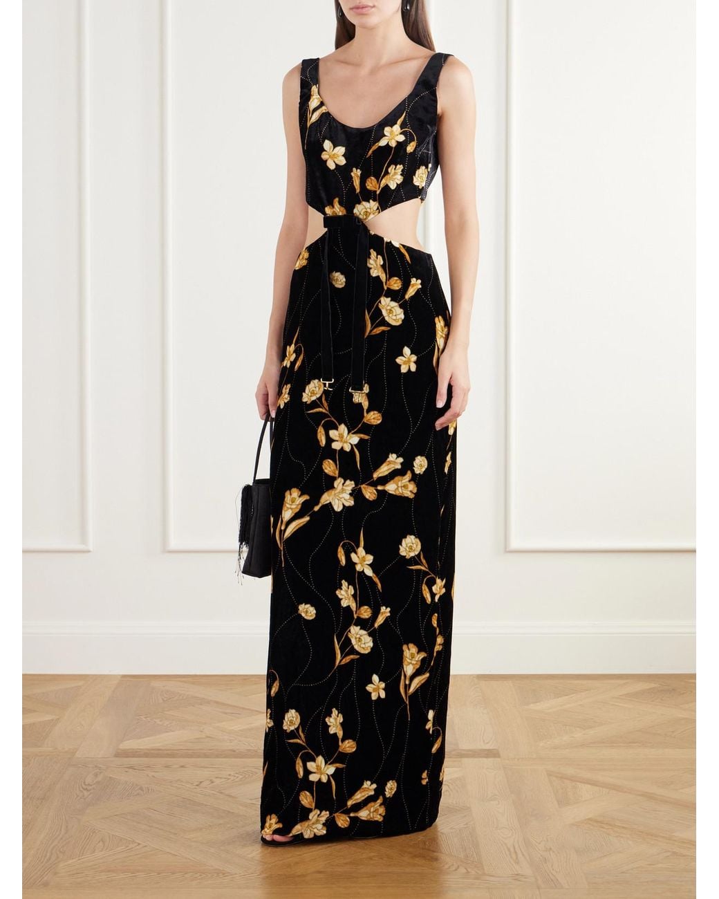 Agua Bendita Black Ventura Belted Bow-Detailed Floral-Print Velvet Maxi Dress