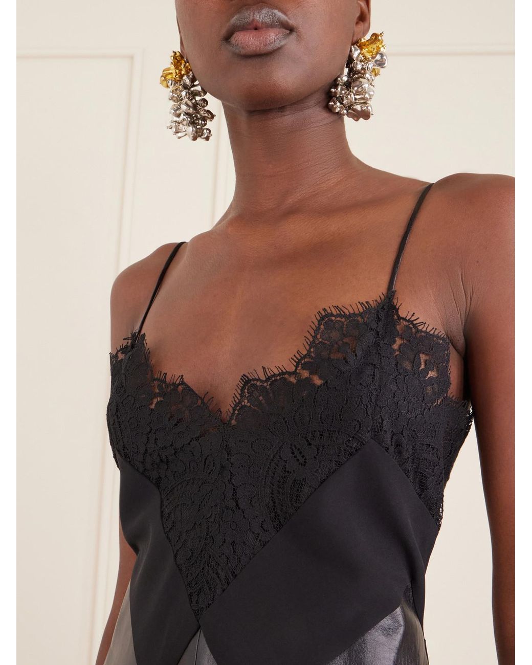 Sharon Wauchob Black Tulipa Gathered Lace-Trimmed Jersey And Leather Midi Dress