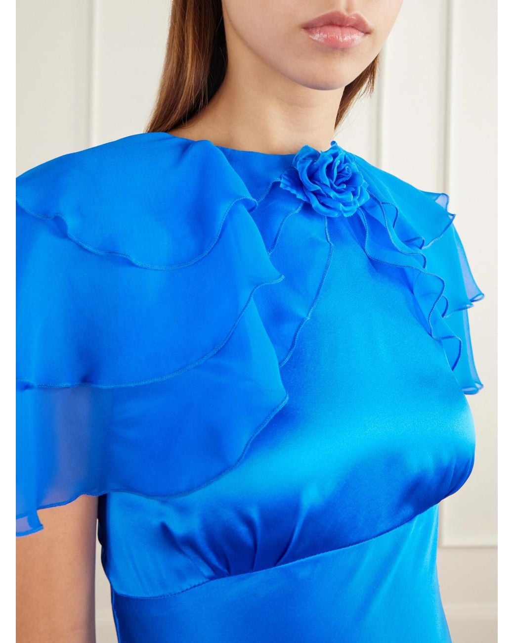 Rodarte Blue Ruffled Cape-Effect Floral-Appliquéd Silk-Satin Midi Dress