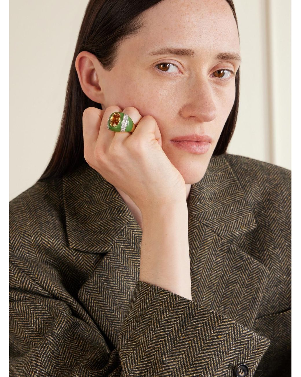 David Webb Green Double Stripe 18-Karat And Platinum Topaz, Jade And Diamond Ring