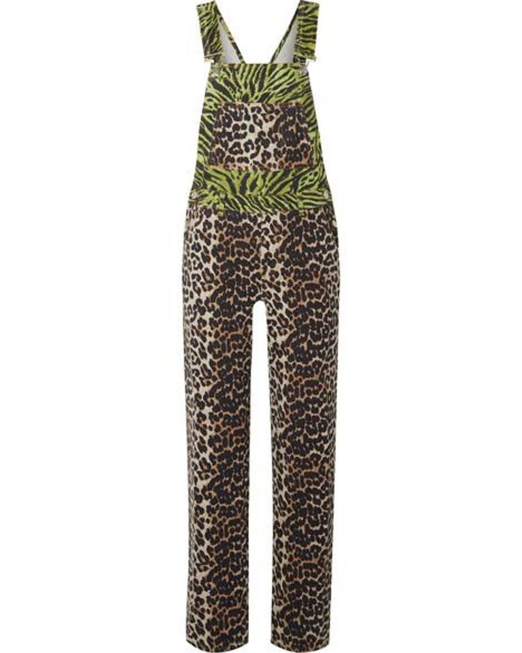 Ganni Paneled Animalprint Denim Overalls Lyst
