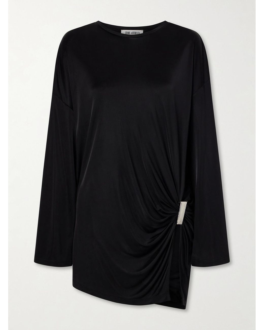 The Attico Black Gathered Satin Mini Dress