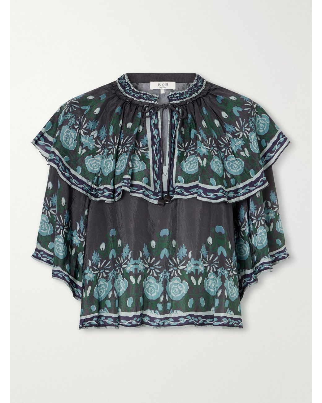 Sea Gray Tulla Cape-Detailed Printed Habotai Blouse
