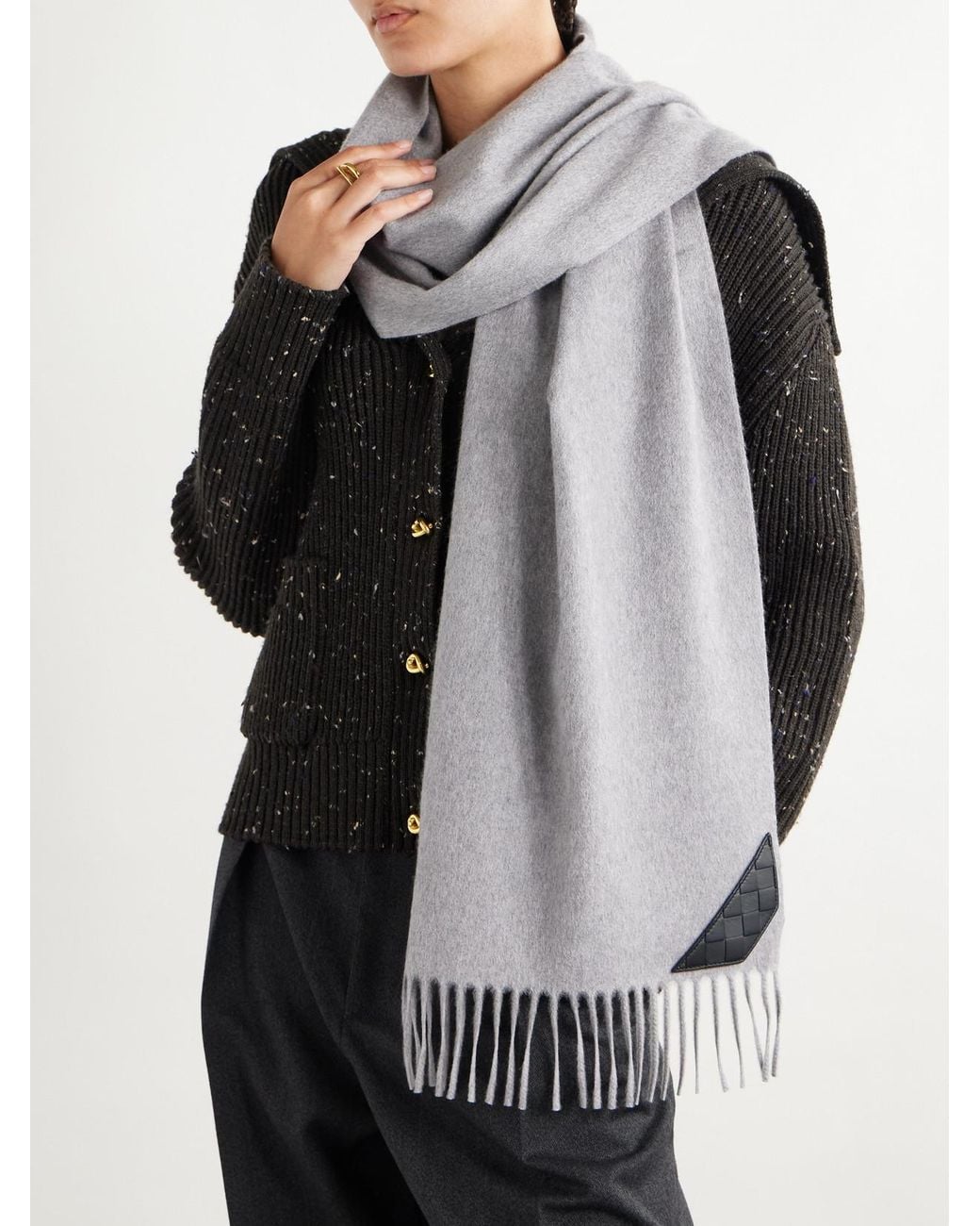Bottega Veneta White Intrecciato Leather-Trimmed Fringed Cashmere Scarf