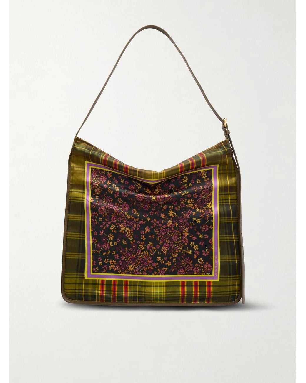 Dries Van Noten Brown Printed Large Leather-Trimmed Satin Shoulder Bag