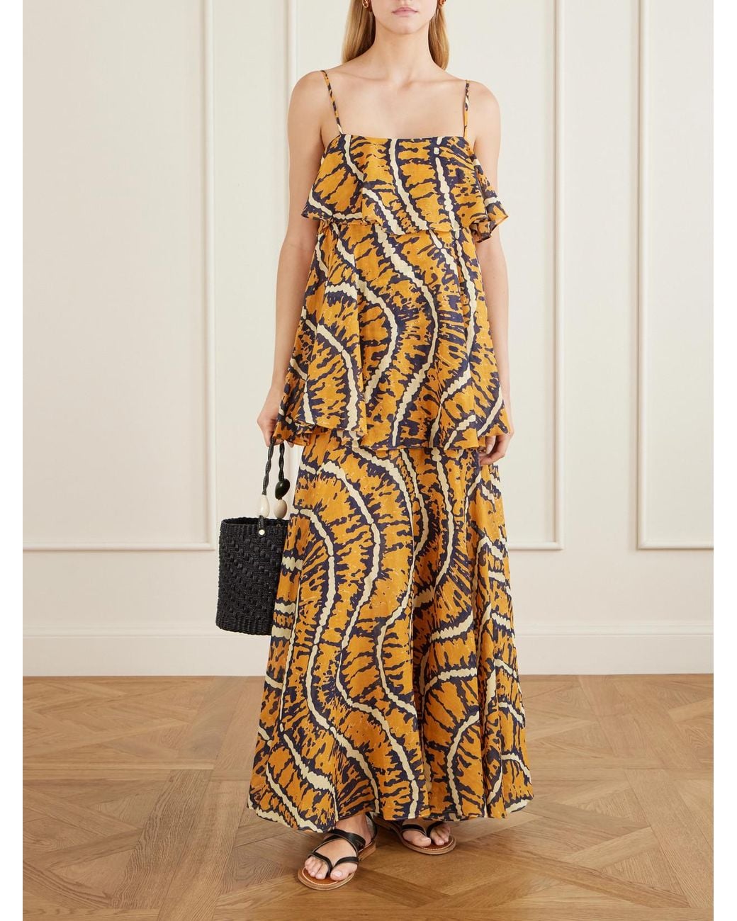 ALÉMAIS Metallic Ripple Tiered Printed Ramie Maxi Dress