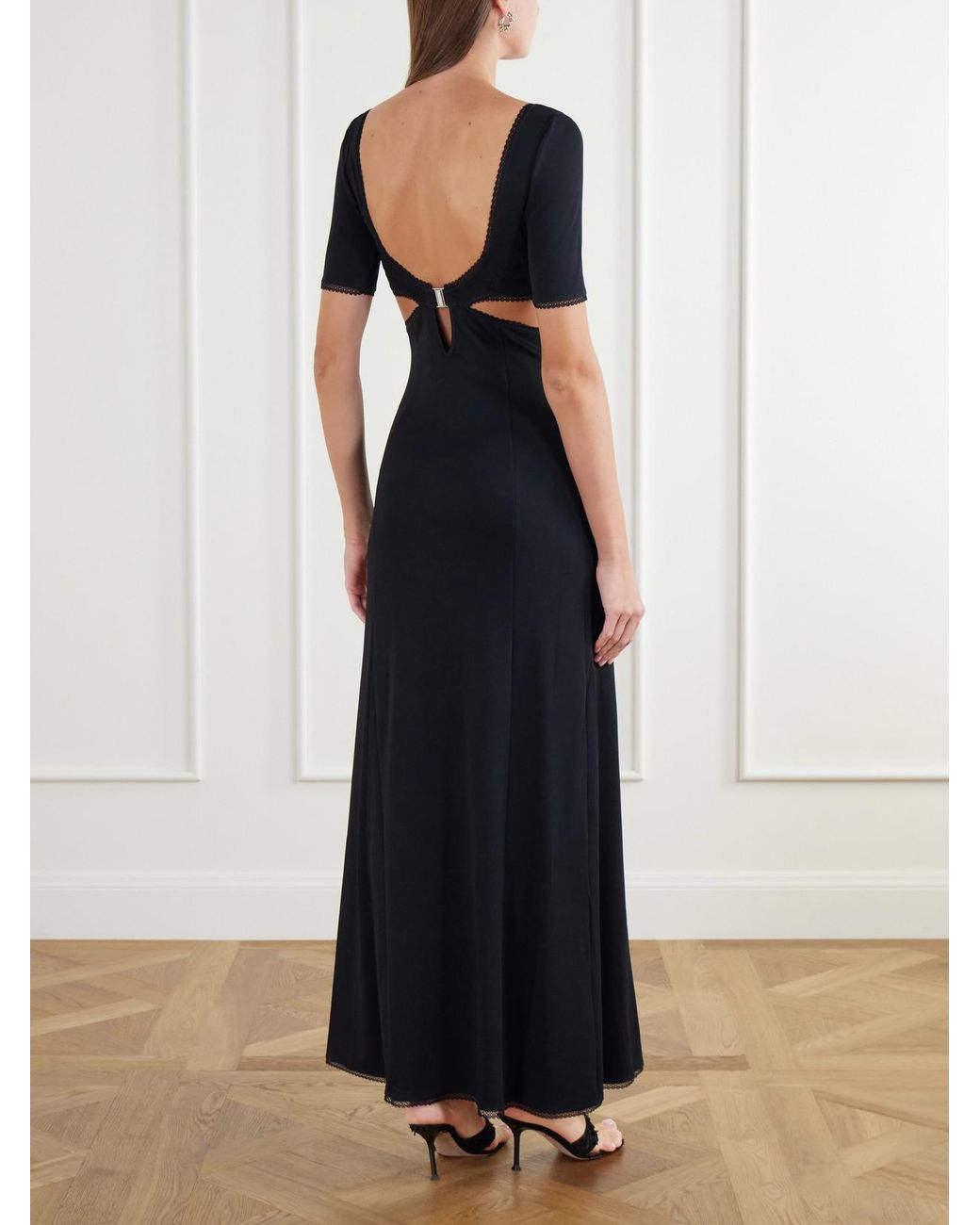 Rabanne Black Cut-Out Lace-Trimmed Crepe-Satin Maxi Dress