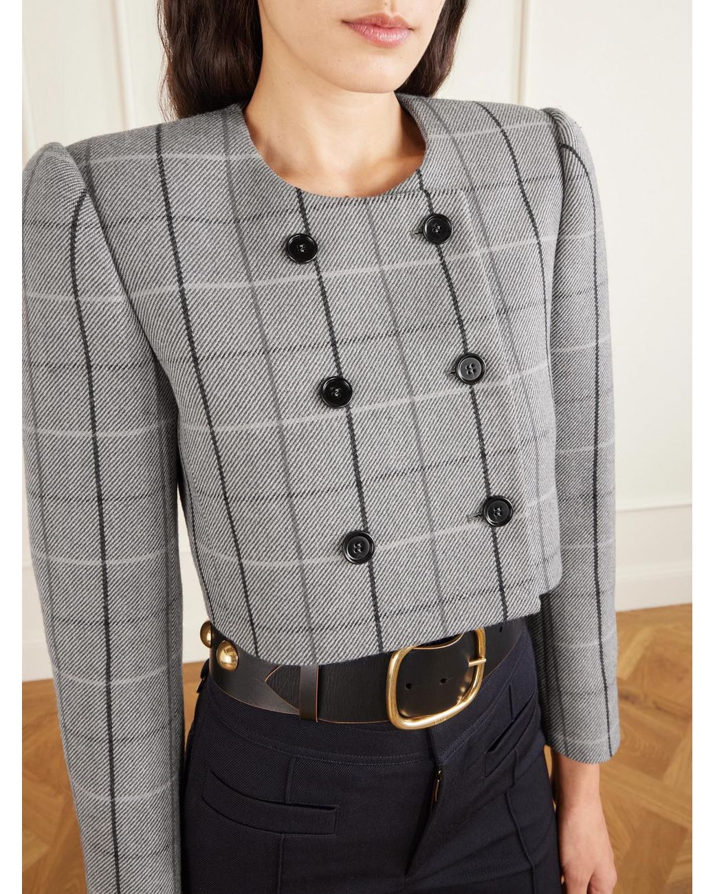 Chloé Gray Cropped Double-Breasted Checked Wool Jacket
