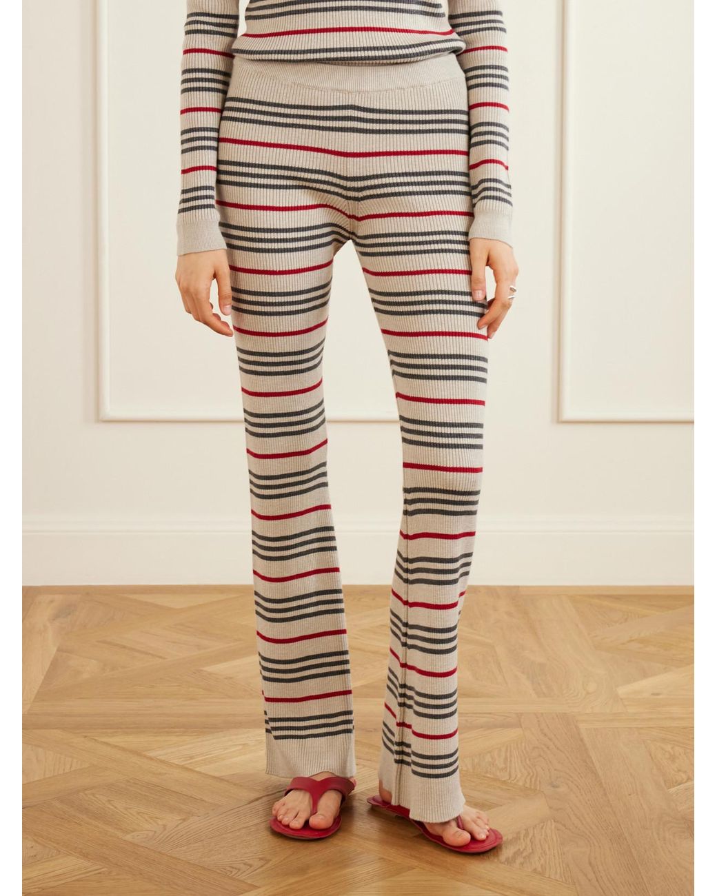 The Elder Statesman Natural Libeccio Striped Wool, Silk And Linen-Blend Flared Pants