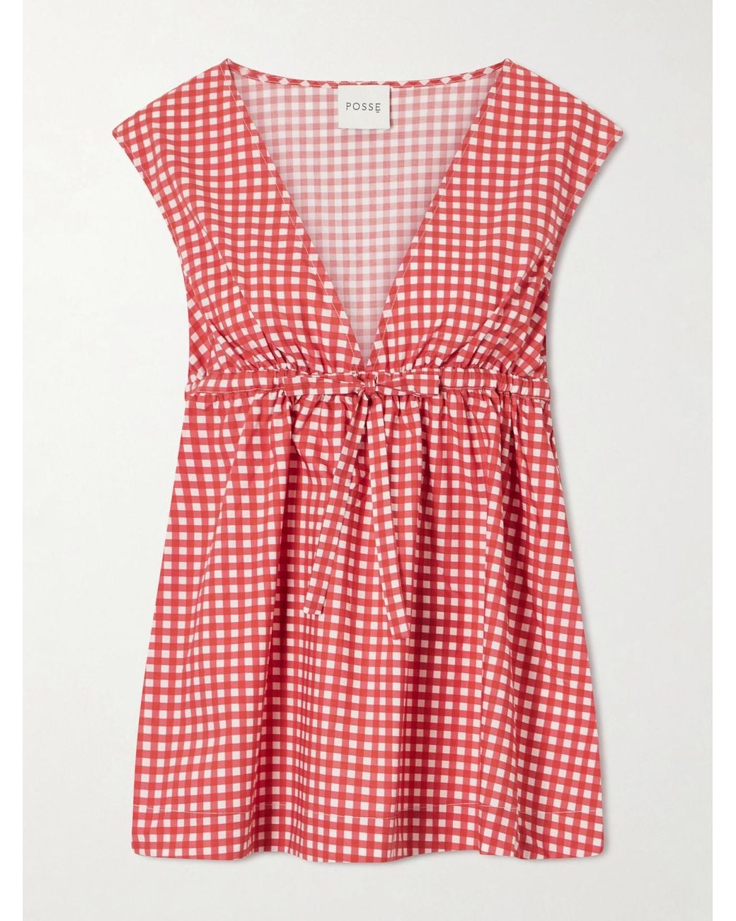 Posse Red Lindie Bow-Detailed Checked Cotton-Poplin Top
