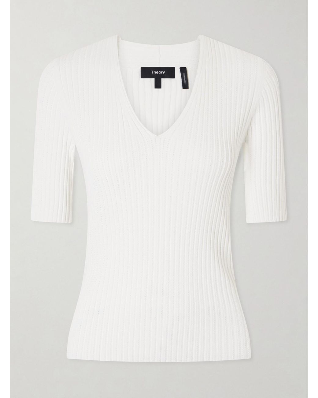 Theory White Pointelle-Knit Crepe T-Shirt