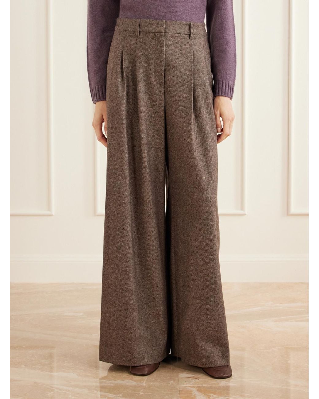 Twp Brown Avery Stretch Wool And Cashmere-Blend Herringbone Wide-Leg Pants