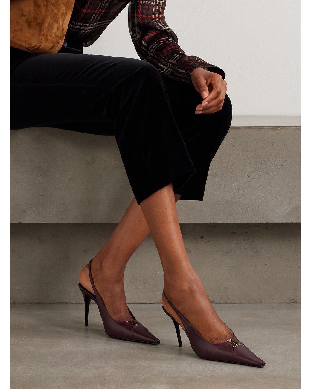Saint Laurent Red Babylone Cassandre-Embellished Leather Slingback Pumps