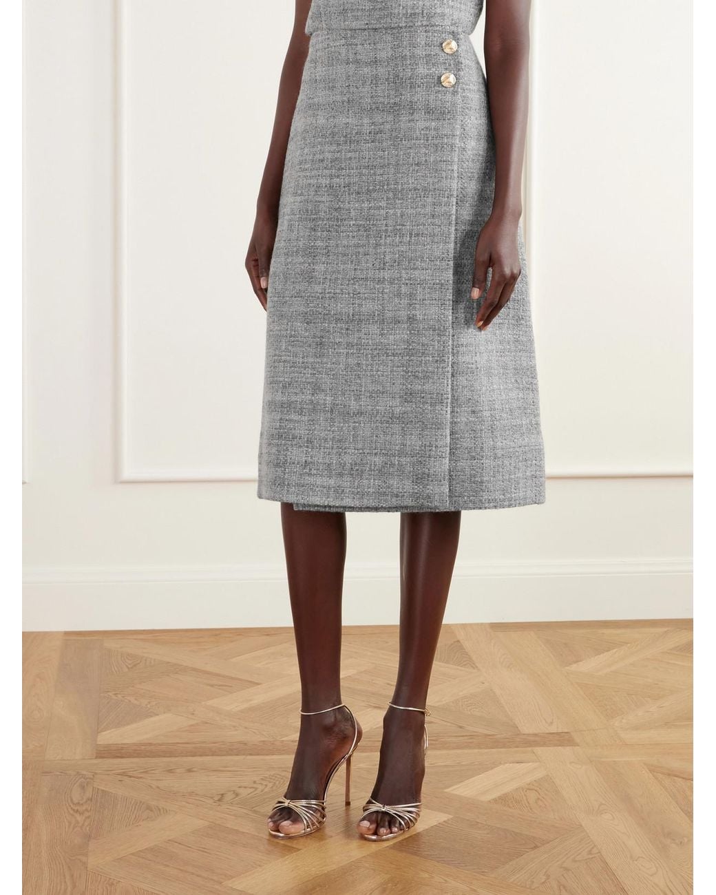 Cara Cara Gray Luca Button-Detailed Wool-Blend Tweed Midi Skirt