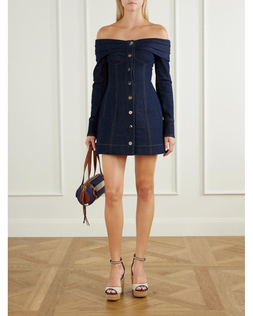 Zimmermann Blue Clash Off-The-Shoulder Pleated Denim Mini Dress