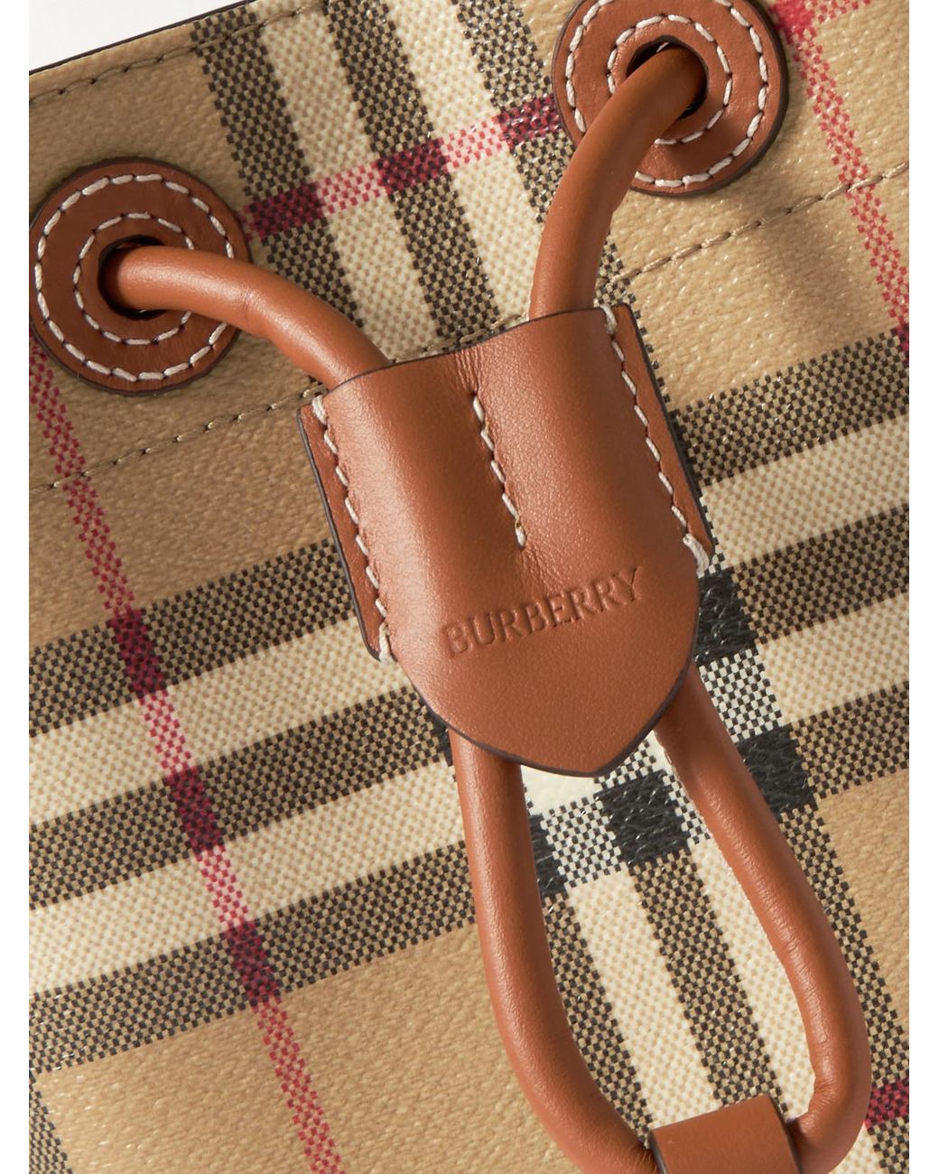 Burberry Natural Mini Leather-Trimmed Checked Bucket Bag