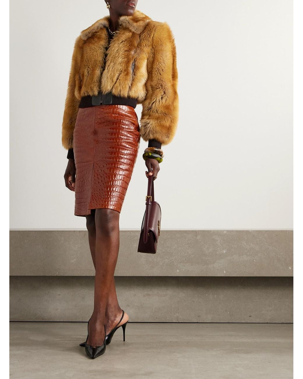 Saint Laurent Brown Leather-Trimmed Shearling Bomber Jacket