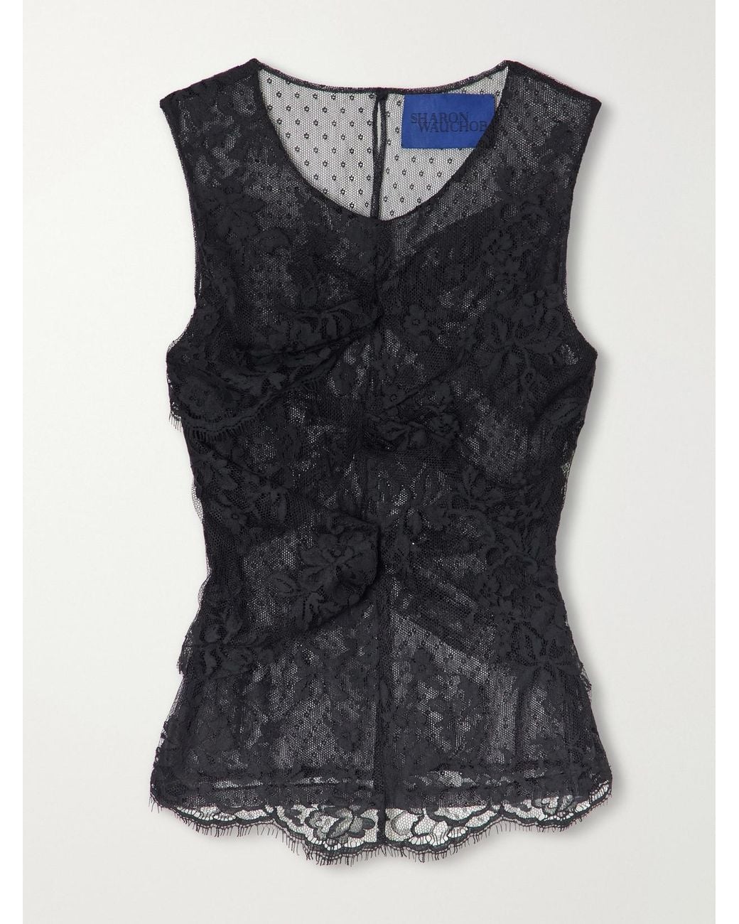 Sharon Wauchob Blue Alana Gathered Lace-Trimmed Cotton-Blend Point D'Esprit-Tulle Cami
